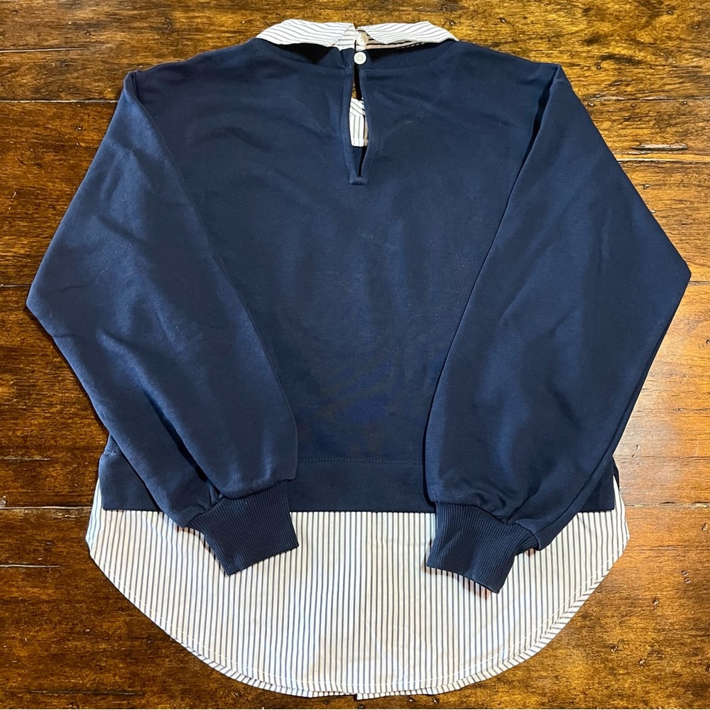 Loft Mixed Media Sweatshirt Women XS Petite Navy Striped Layered Preppy Classic - Picture 6 of 12